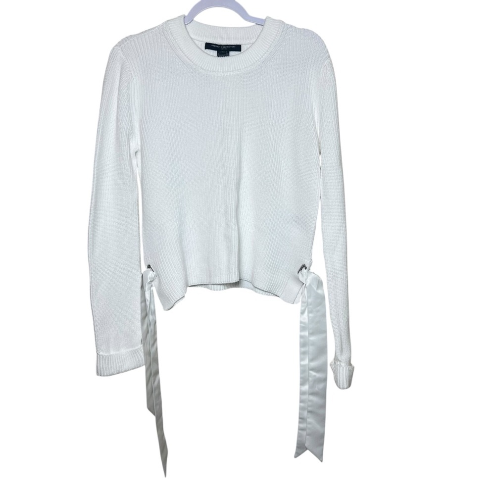 French Connection White Ribbed Sweater Ribbon Side Ties Cuffed Sleeves Womens M